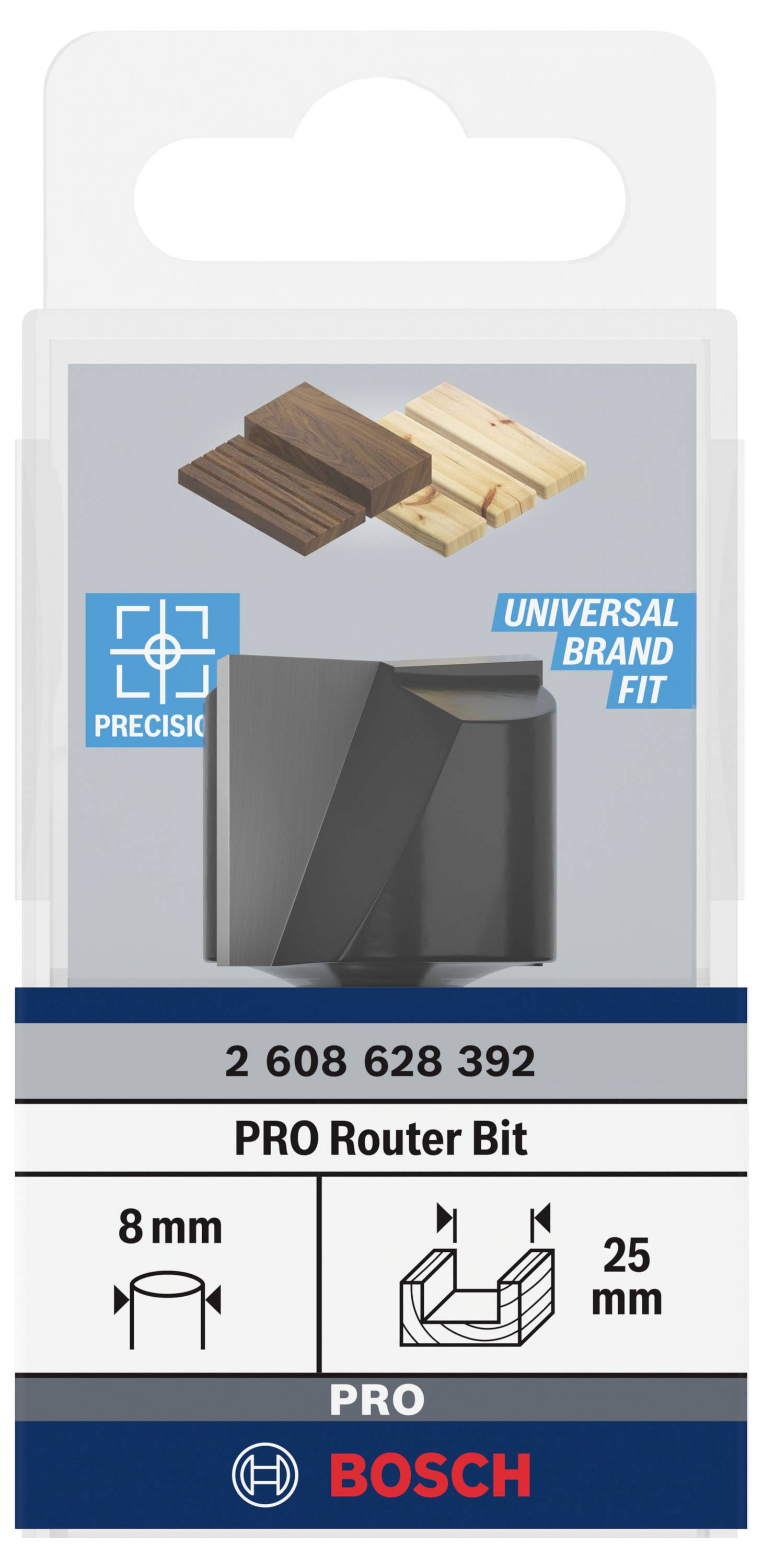 Verpackung eines Bosch Oberfräsers, passend für Holzarbeiten. Enthält Fräskopf, Durchmesser 8 mm, Schnitttiefe 25 mm.