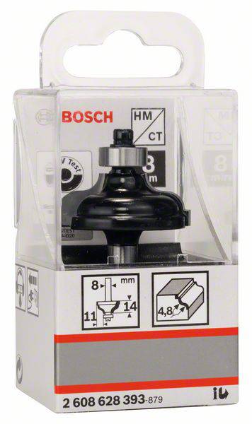 Bosch Fräser für Kantenbearbeitung, Durchmesser 31,8 mm, Schaftdurchmesser 8 mm. Verpackung zeigt Produktdetails und Anwendung.