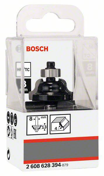 Bosch-Kantenfräser mit einem Durchmesser von 8 mm, verpackt in einer transparenten Box. Enthält Kanten- und Profilinformationen.