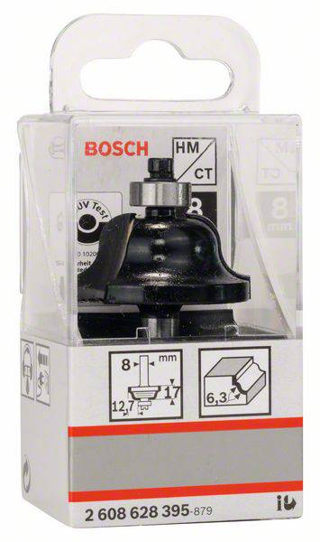 Verpackung eines Bosch-Fräsers, geeignet für 8-mm-Schaft. Enthält technische Spezifikationen und einen QR-Code für weitere Informationen.