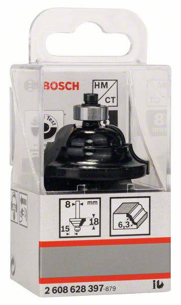 'Bosch' Fräsbohrer in Verpackung, zeigt Produktdetails und Größenangaben: Durchmesser 8 mm, Profilhöhe 15 mm, Radius 6,3 mm.