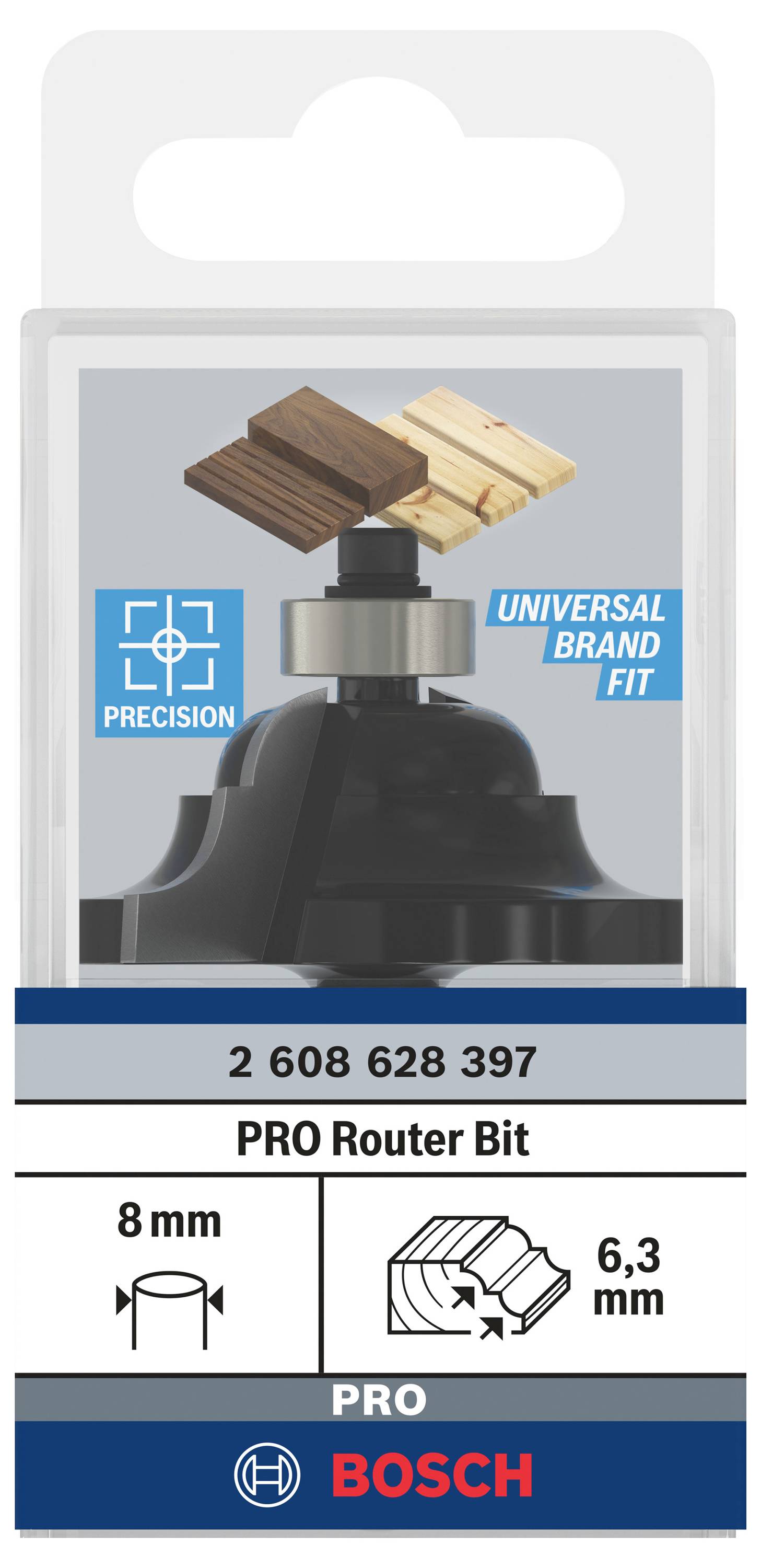 'PRO' Fräsbohrer für 8 mm mit 'Universal Brand Fit' und Präzision. Verpackung mit Holzbeispielen. Marke: Bosch.