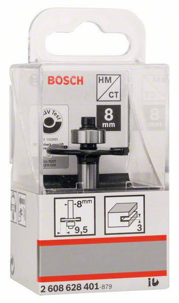 Fräser von Bosch, 8 mm, in originalverpackung. Verpackung zeigt Produktinformationen und schematische Darstellung des Fräsers.