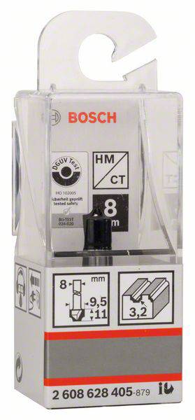 'Bosch'-Logo auf einer transparenten Verpackung mit Fräserbeschreibung: 'HM/CT, 8 mm, 9,5 x 11 mm'. Produktnummer unten.