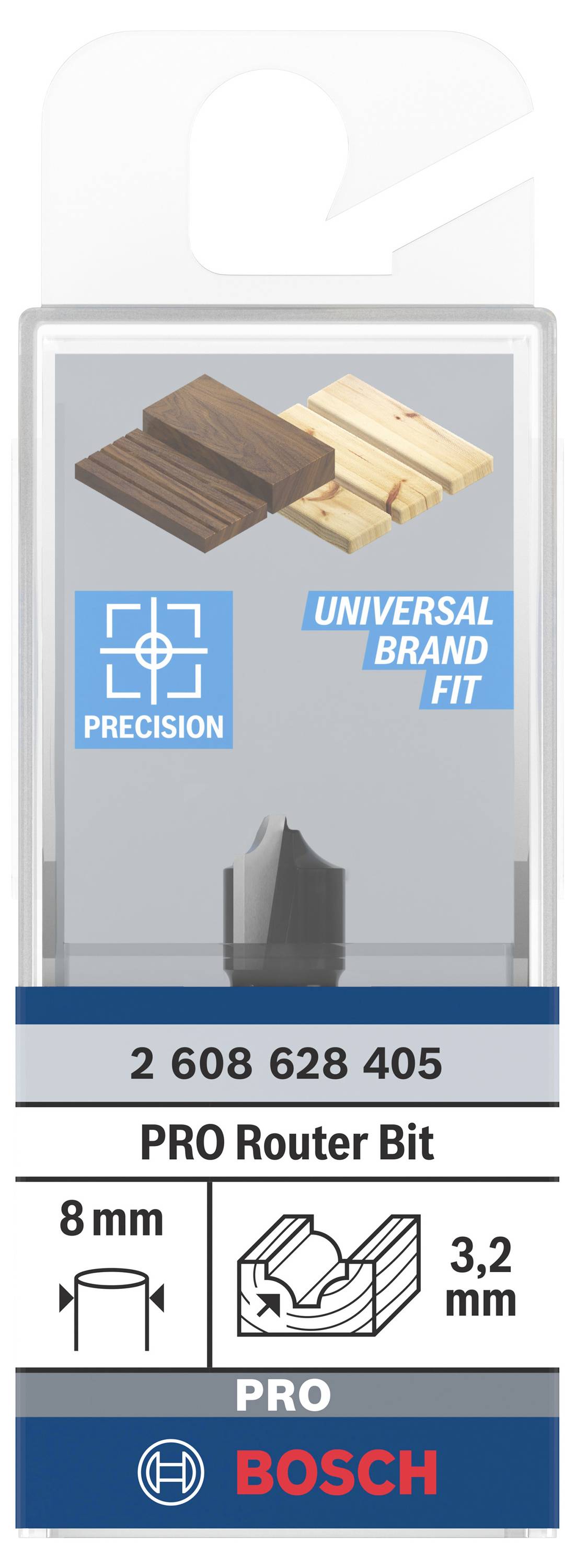 Produktverpackung für einen BOSCH PRO Fräser, zeigt Werkzeugeinsatz auf Holz, präzise Bearbeitung, geeignet für verschiedene Holzarten.