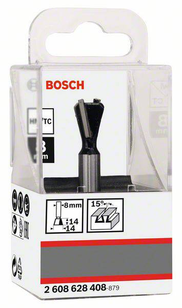 Fräsbohrer von Bosch in transparenter Verpackung, geeignet für 8 mm Durchmesser mit 15 Grad Neigungswinkel, produktionsrelevante Symbole sichtbar.