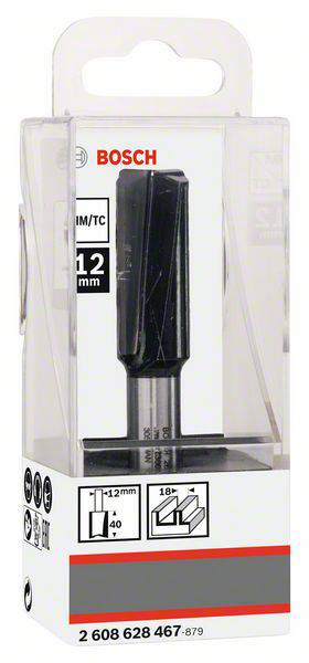 Bosch Oberfräser 12 mm; Verpackung mit Fräser abgebildet; Info: 12 mm Durchmesser, für Holz; Hinweis auf Alter 18+ nötig.