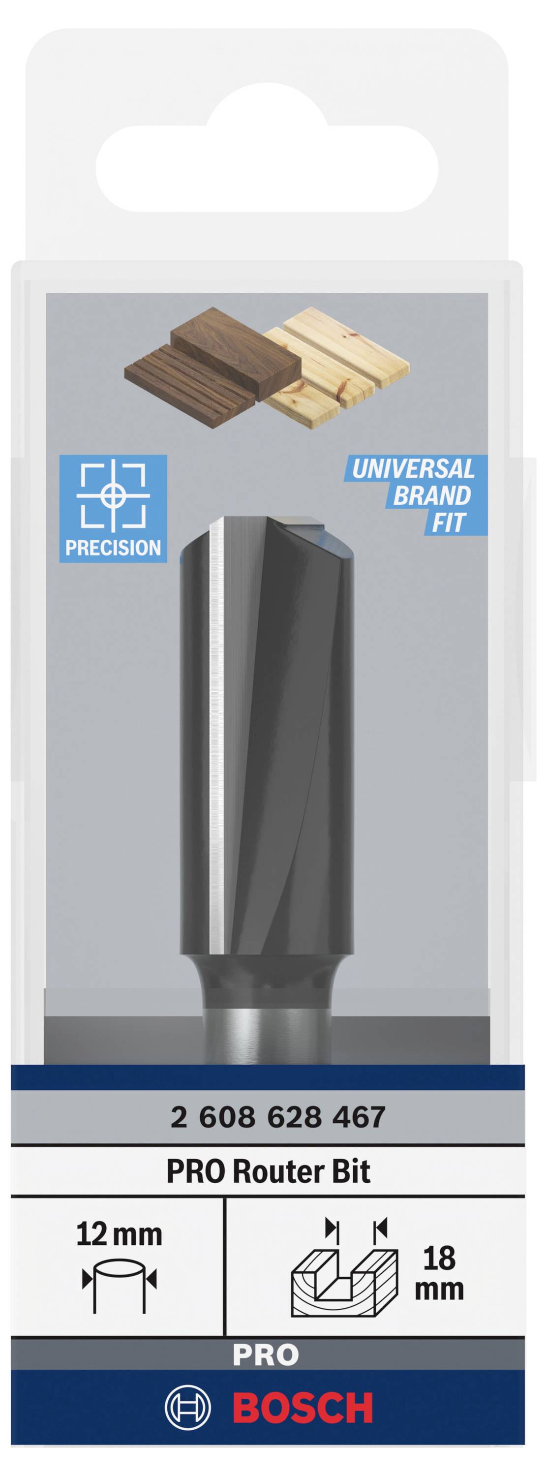 Bosch PRO Fräseraufsatz, 12 mm Durchmesser, 18 mm Länge, kompatibel mit verschiedenen Marken. Präzisionsschnitt für Holz.