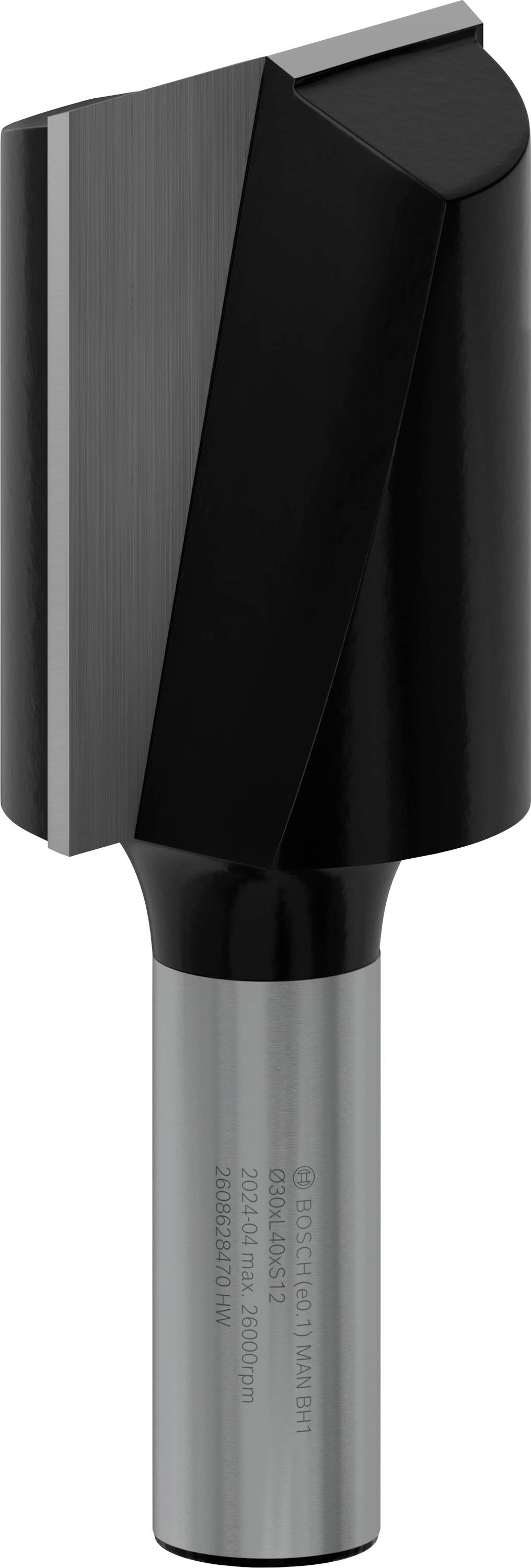 Fräser mit schwarzer Spitze und silbernem Schaft, vermutlich für Holzbearbeitung.