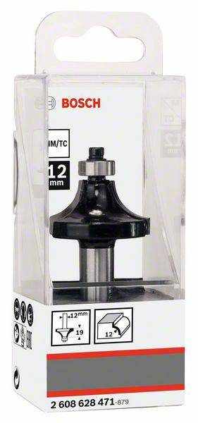 Eine Bosch-Fräserbox mit einem 12-mm-Kantenfräser darin. Die Verpackung zeigt Details und Angaben zum Fräsertyp und -größe.