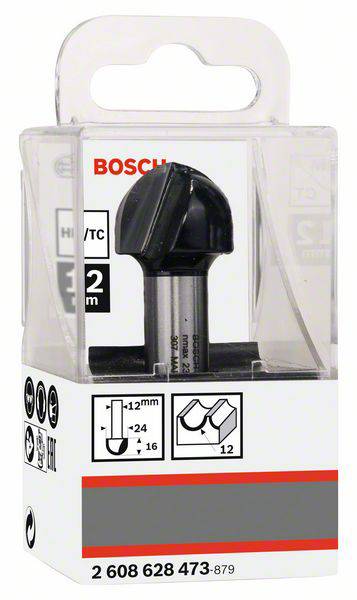 Ein 'Bosch' Kantenfräser mit 12 mm Durchmesser und HM/TC-Kante, in einer durchsichtigen Verpackung mit Produktinformationen.