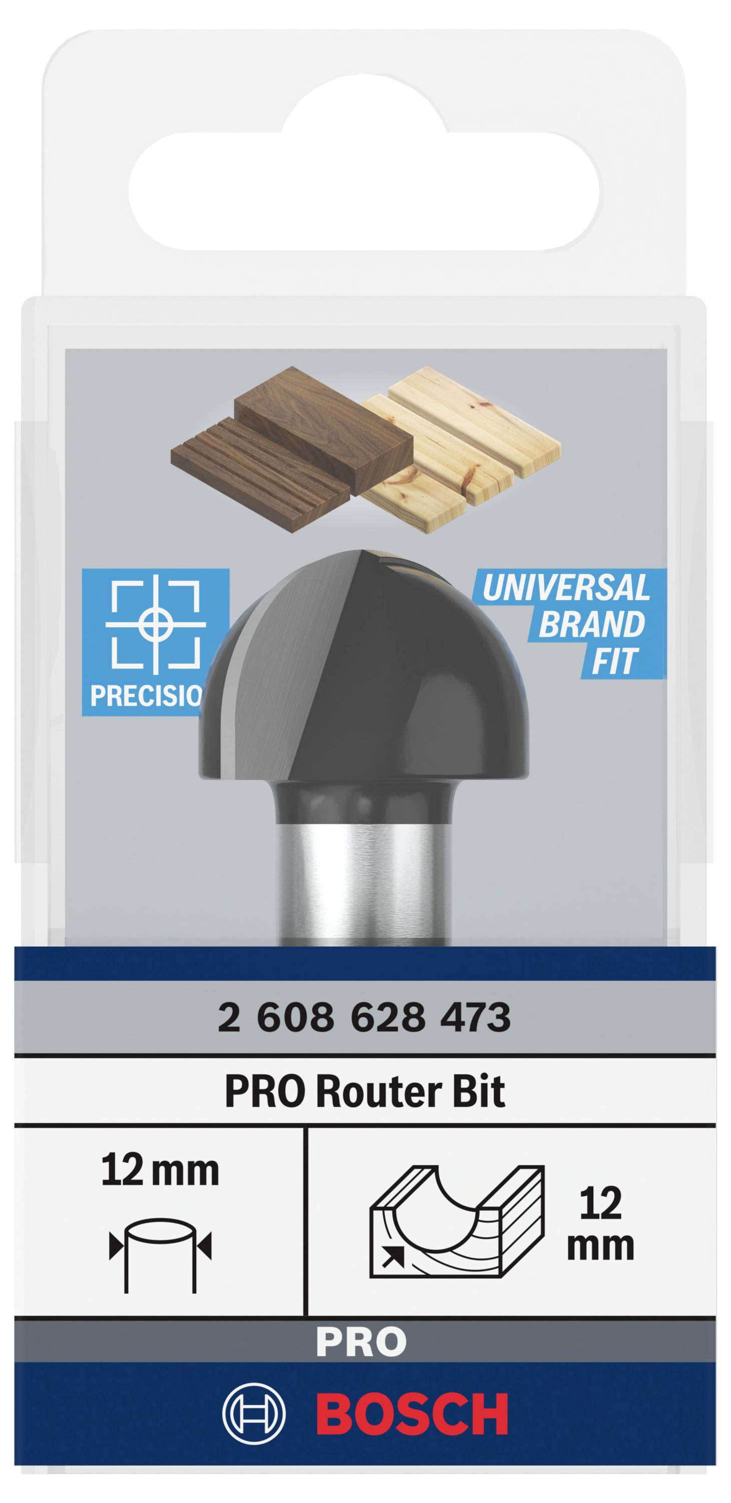 Fräser für Holzarbeiten, 12 mm, hervorgehoben mit Grafiken für Präzision und universelle Passform. Markenname unten.