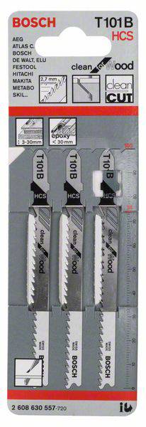 Verpackung von drei Bosch Stichsägeblättern für Holz mit HCS-Kennzeichnung; Modell T101B. Geeignet für präzise Holzschnitte.