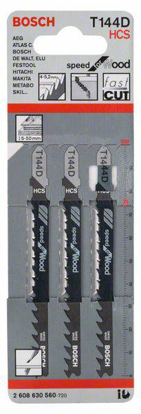Drei Bosch T144D Stichsägeblätter für Holz, verpackt. Geeignet für schnelle Schnitte. Enthält technische Spezifikationen.