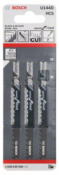 Bosch Stichsägeblätter Modell U144D, geeignet für Holz, schnelle Schnitte. Set enthält 3 Stück, Sägeblattlänge: 100mm.