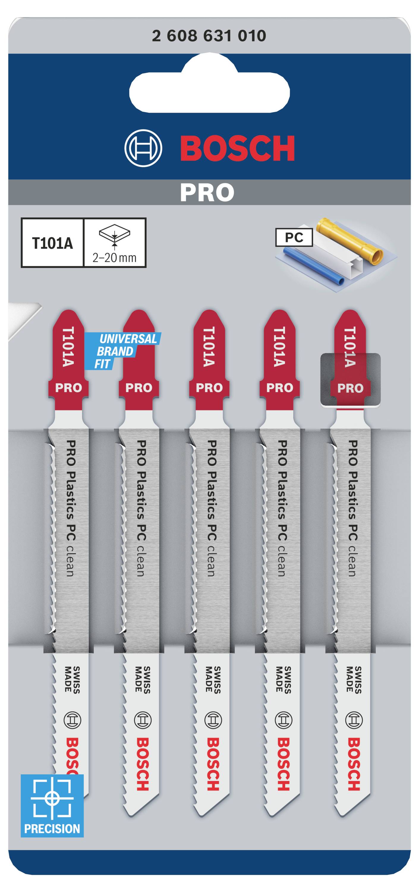 Bosch Accessories 2608631010 Stichsägeblatt T 101 A Clean for PC, 5er-Pack 5 St.