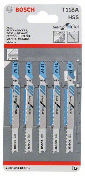 Bosch Accessories 2608631013 Stichsägeblatt T 118 A Basic for Metal, 5er-Pack 5 St.