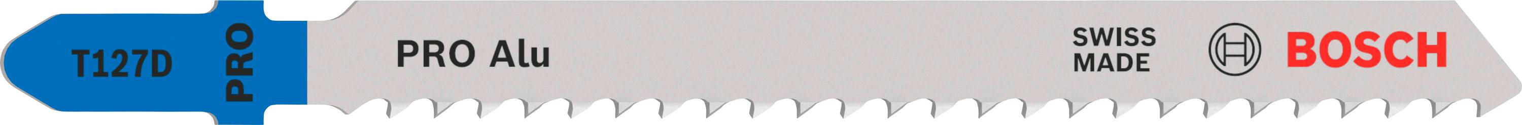 Metall-Sägeblatt mit der Aufschrift 'T 121 D PRO Alu', 'Swiss Made', 'Bosch', geeignet für Aluminium, blauer und silberner Hintergrund.