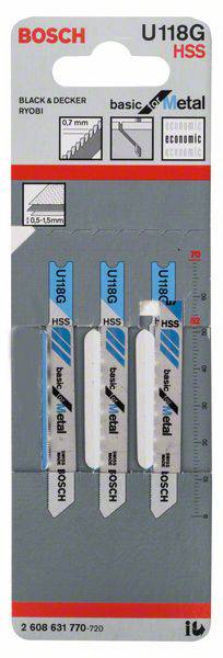 Drei Bosch Stichsägeblätter auf einer Verpackung, Modell U118G HSS, geeignet für Metallbearbeitung.