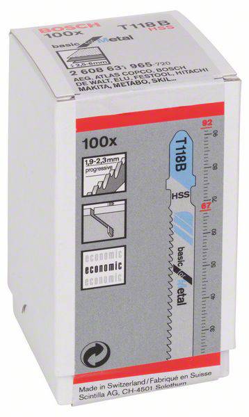 Verpackung eines Bosch-Sägeblattsets T118B für Metall, 100 Stück, mit Wirtschaftlichkeitsdiagramm und Größenangaben 1,9-2,3 mm.