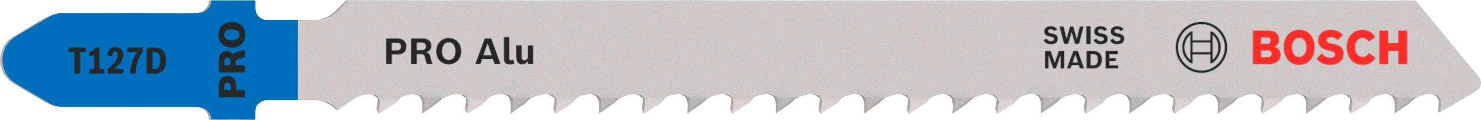 Stichsägeblatt von Bosch, gekennzeichnet mit 'PRO Alu', 'Swiss Made' und Modellnummer 'T 121 DF', geeignet für Metallschnitte.