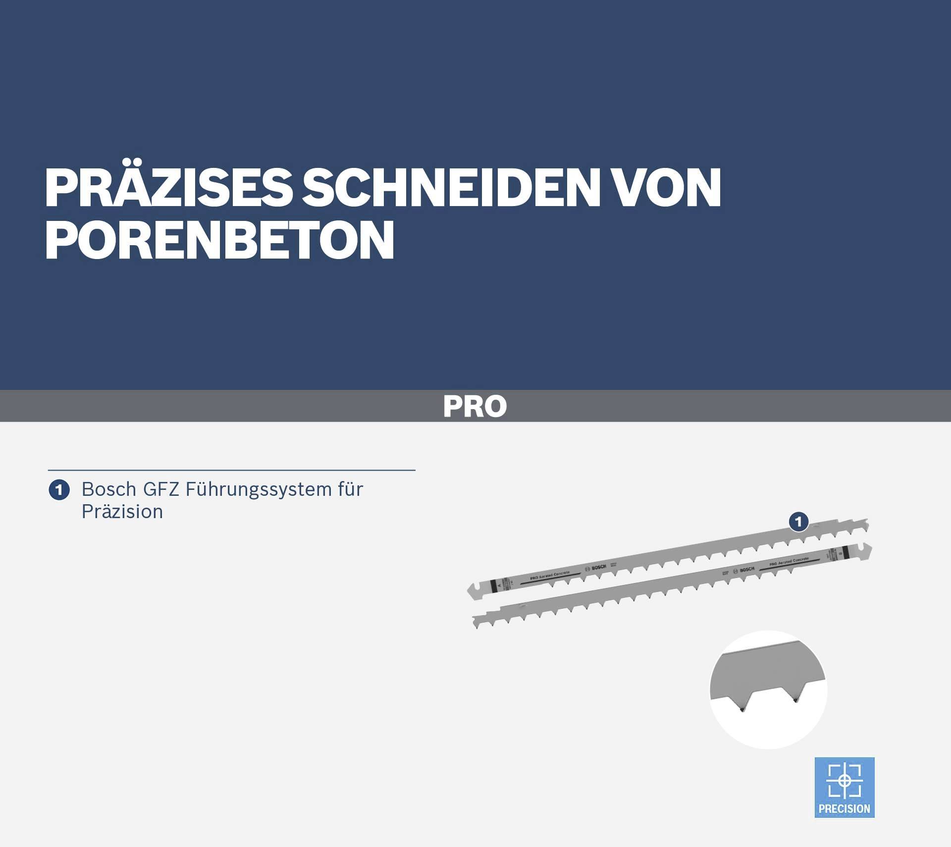 'Präzises Schneiden von Porenbeton'. Bild zeigt ein Bosch GFZ Führungssystem für präzises Schneiden.