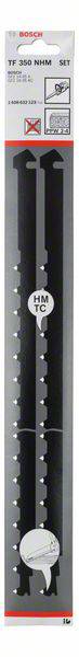 Verpackung von Bosch TF 350 NMM Sägeblättern für elektrische Sägen, zeigt zwei schwarze Sägeblätter mit Zähneanordnung und Größenangaben.