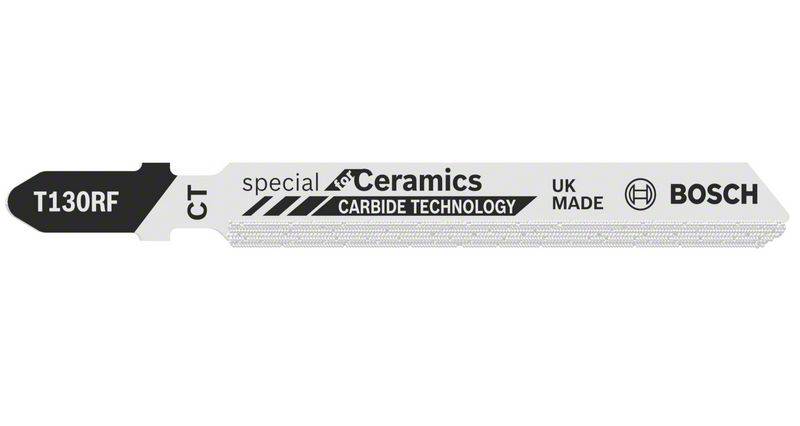 Sägeblatt mit der Aufschrift 'Ceramics Carbide Technology', geeignet für Keramikmaterialien. Marke Bosch, Made in UK. Modell T130RF.