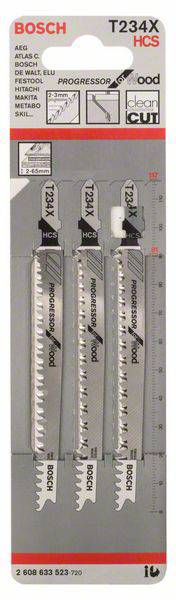 Drei Bosch Stichsägeblätter T234X, PROGRESSOR for Wood, geeignet für HCS, mit klare Schnitt- und Hölzer-Anwendungen.