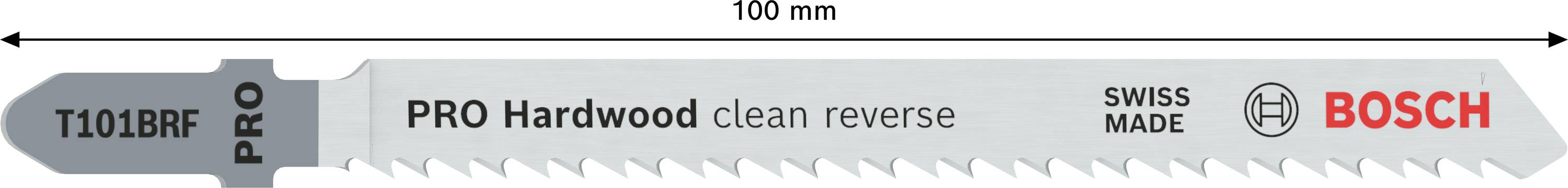 Graues Säbelsägeblatt, 100 mm, mit Aufschrift 'PRO Hardwood clean reverse'. Markenlogo 'BOSCH'. Geeignet für Holzschnitt.