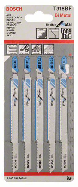 Bosch Accessories 2608634242 Stichsägeblatt T 318 BF Flexible for Metal, 5er-Pack 5 St.