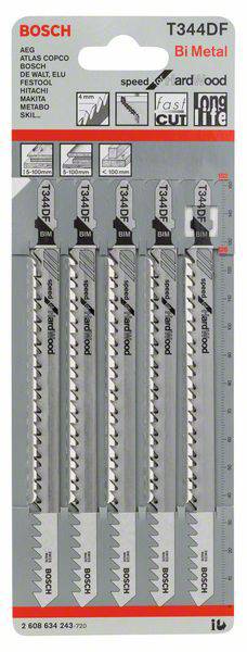 Bosch Accessories 2608634243 Stichsägeblatt T 344 DF Speed for Hard Wood, 5er-Pack 5St.