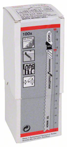 Packung mit Metall-Sägeblättern, 100 Stück, 2,4–5 mm, hergestellt in der Schweiz. Enthält BIM-Material für Langlebigkeit.