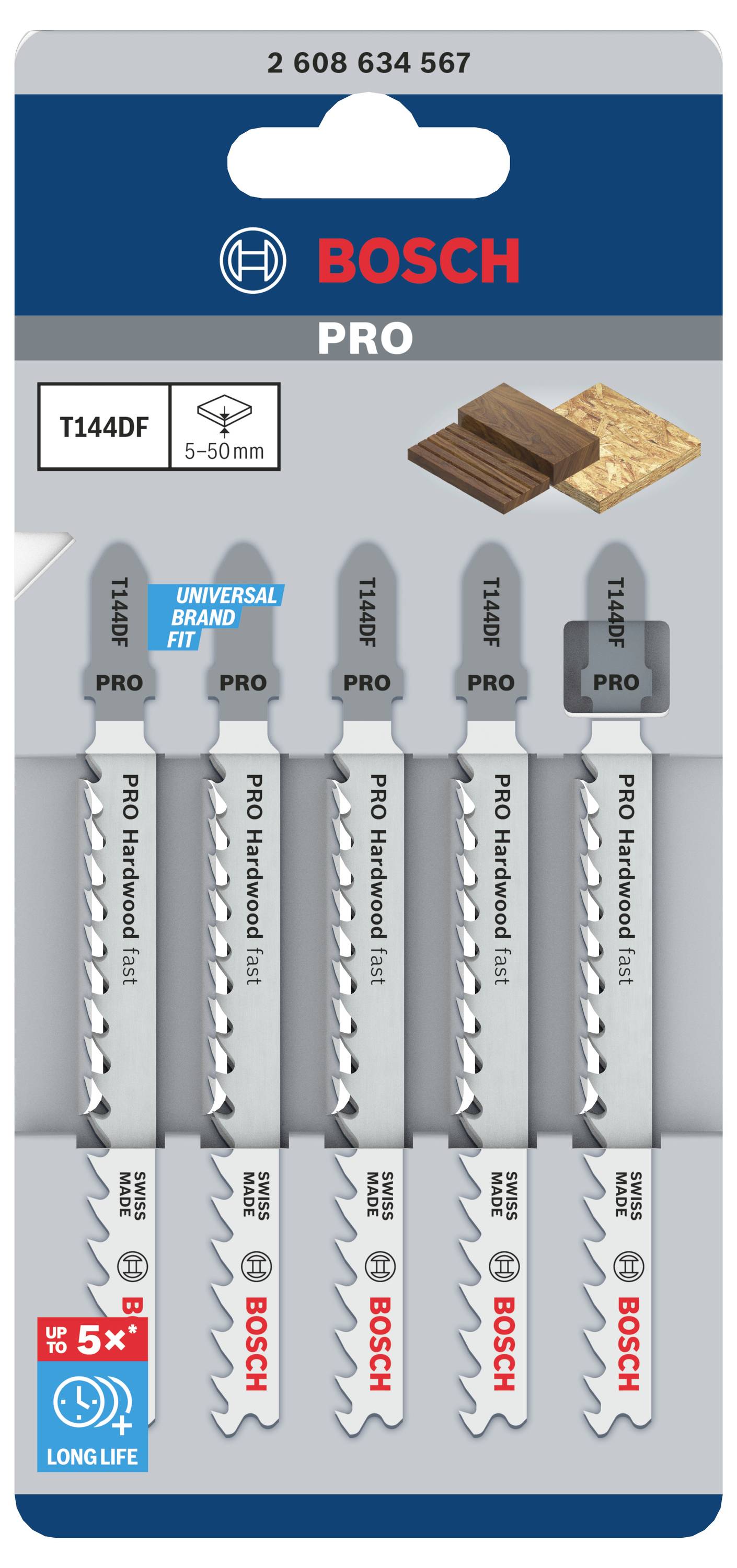 Verpackung mit fünf Bosch Stichsägeblättern für Holz. Geeignet für 5-50 mm Dicke, universelle Passform, langlebig.