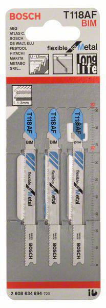 Bosch Accessories 2608634694 Stichsägeblatt T 118 AF Flexible for Metal, 3er-Pack 3 St.