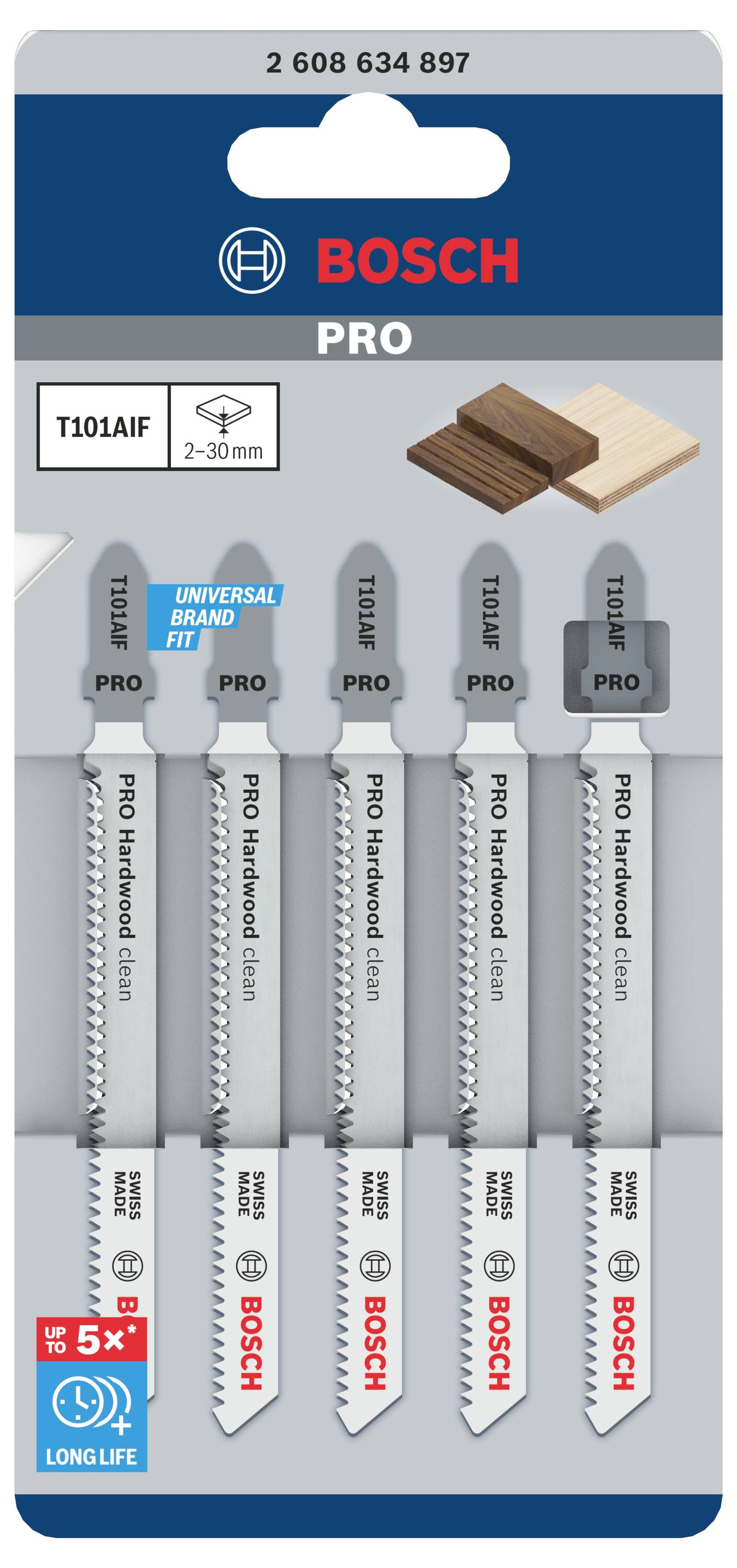 Bosch Accessories 2608634897 Stichsägeblatt T 101 AIF Clean for Hard Wood, 5er-Pack 5St.