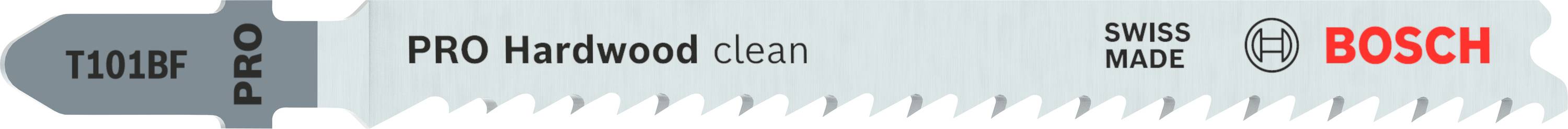 Sägeblatt von Bosch, Modell 'T101BF', geeignet für Hartholz, mit Beschriftung 'PRO Hardwood clean', hergestellt in der Schweiz.