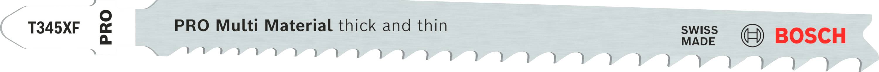 Graues Sägeblatt mit der Aufschrift 'T345XF PRO Multi Material thick and thin', 'Swiss Made', und BOSCH-Logo rechts.