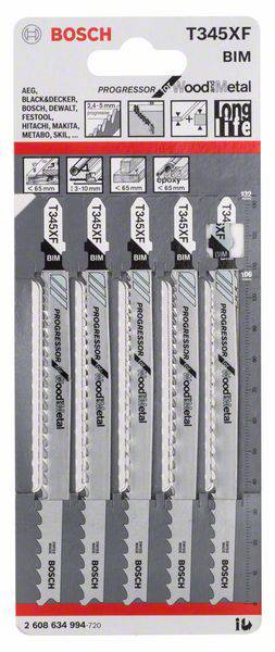Verpackung von Bosch Stichsägeblättern, Modell T345XF für Holz und Metall. Fünf Klingen abgebildet mit unterschiedlichen Zahnmustern.