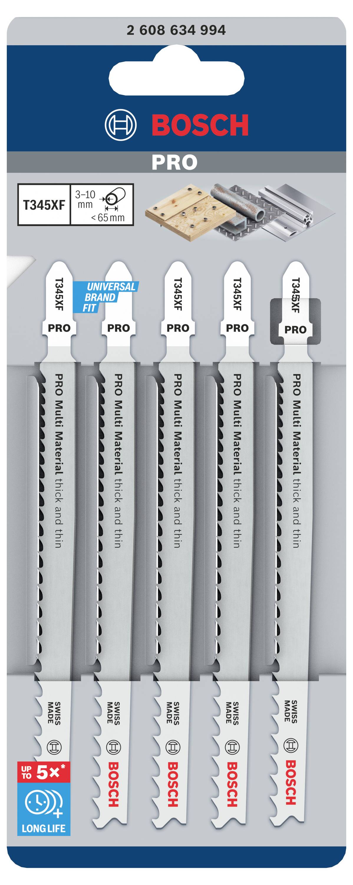 Fünf Stichsägenblätter von Bosch für Holz und Metall. Verpackung zeigt die passenden Materialien und die Lebensdauer-Werbung.
