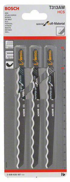 Bosch Accessories 2608635187 Stichsägeblatt T 313 AW Special for Soft Material, 3er-Pack 3St.