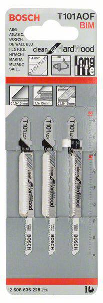Bosch Accessories 2608636225 Stichsägeblatt T 101 AOF Clean for Hard Wood, 3er-Pack 3St.