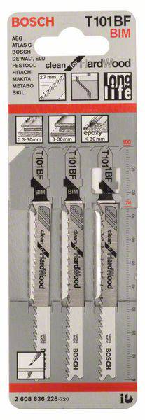 'BOSCH' Stichsägeblätterpackung zeigt drei Klingen für saubere Schnitte in Holz. Modellnummer 'T101BF', jeweils 100mm lang.