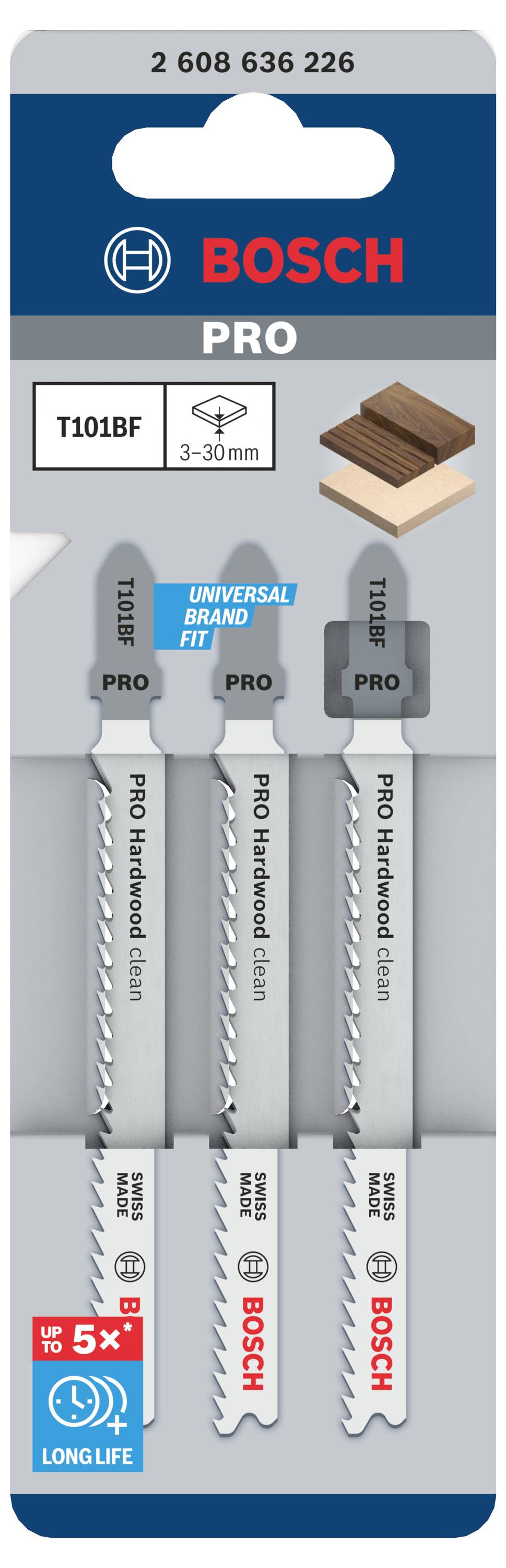 Verpackung mit drei Bosch-Stichsägeblättern für Hartholz, geeignet für 3-30 mm dicke Materialien. Enthält Blätter T101BF.