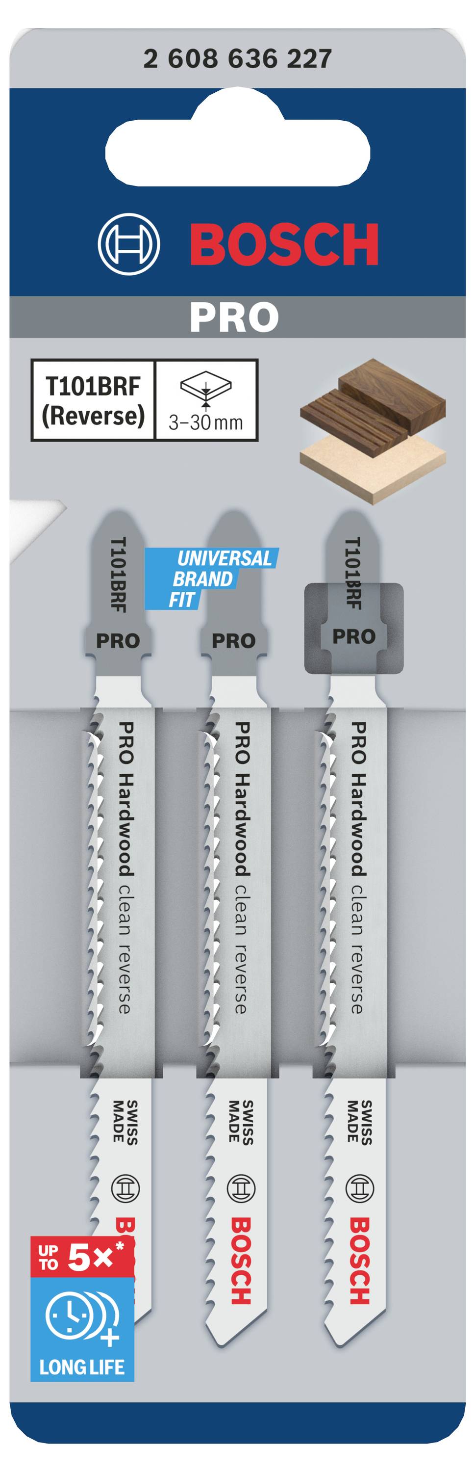 Dreierpack Bosch Pro Stichsägeblätter T101BRF, geeignet für Holzverarbeitung. Rückwärtszahngeometrie für saubere Schnitte.