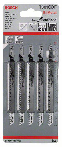 Bosch Stichsägeblätter T301CDF, Bi-Metall, geeignet für Holz und Metall. Enthält fünf Teile, ideal für präzise Schnitte.