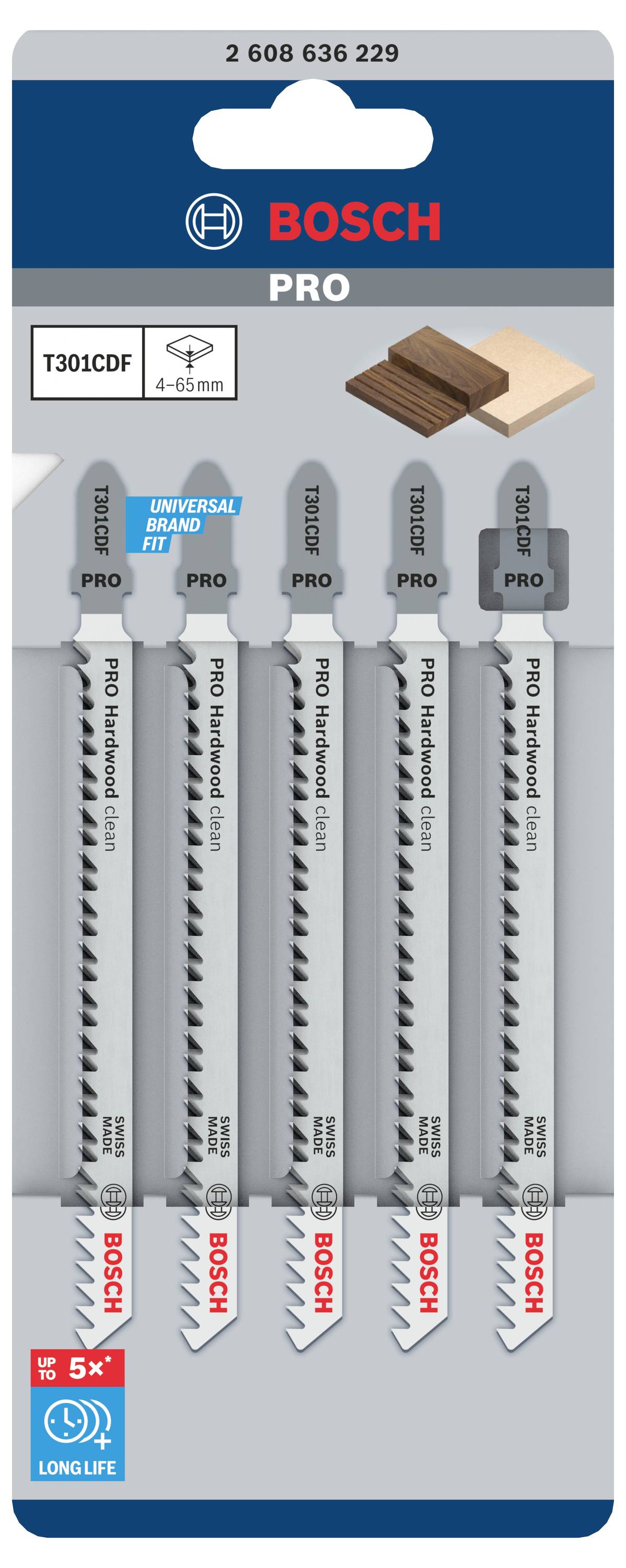 'Bosch Pro' Stichsägeblatt-Set, 5 Stück für Holz, mit T-förmigem Schaft. Verpackung zeigt Produkt und Anwendungen.