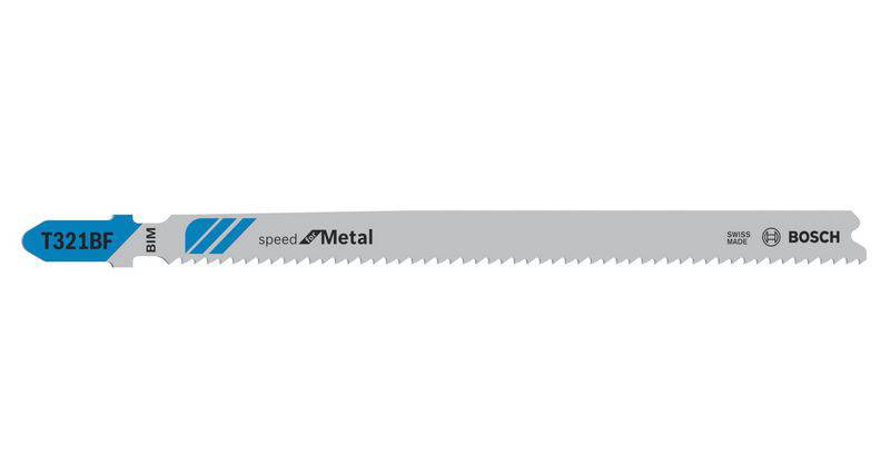 Sägeblatt für Metallsägen, Modell T321BF von Bosch, mit feiner Verzahnung und hellgrauem Design, blauem und weißem Logo auf der linken Seite.
