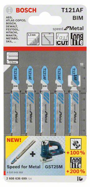 Bosch Accessories 2608636699 Stichsägeblatt T 121 AF Speed for Metal, 5er-Pack, Bleche 5St.