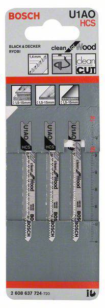 Verpackung mit drei Bosch-Sägeblättern, speziell zum Sägen von Holz, kompatibel mit Black & Decker und Ryobi, Typ U1AO HCS.